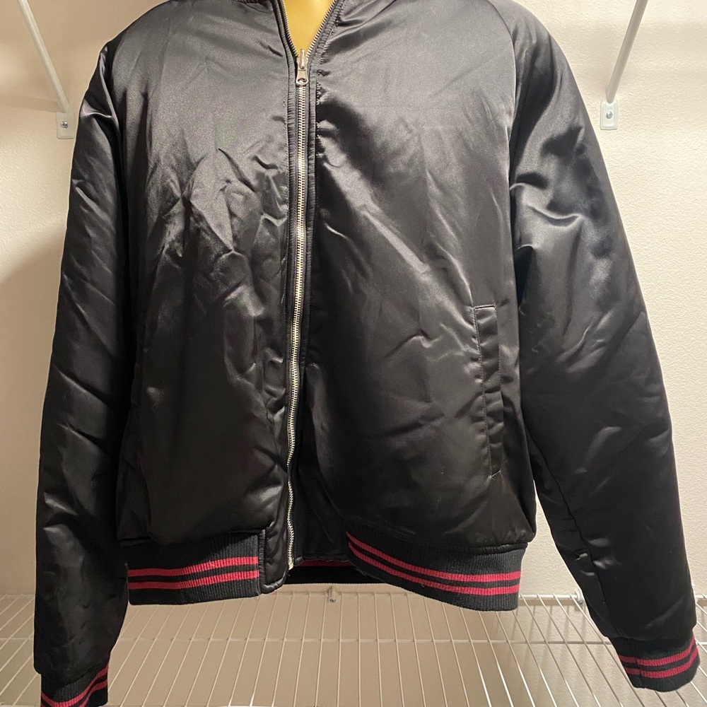 Reversible sleek Black Bomber Jacket with Hot Pink Highlights-Tropical alternate